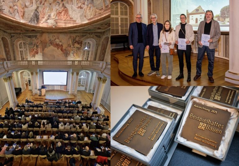 Gerhard Leicht und Ines Grübel von PIA Architekten und Eva Lindner, Vorstandsmitglied der Bürgerstiftung (v.r.n.l.), nahmen den Preis von Landrat Dr. Schnaudigel (links) entgegen. Urheber: Fotofreunde Heidelsheim